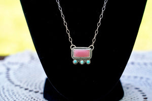 Pink Conch Bar Necklace with Kingman Turquoise